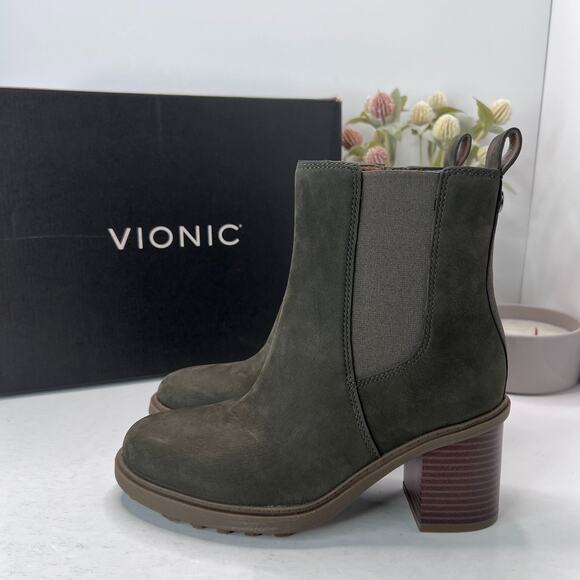 Vionic Truckee Leather Ankle Boots Dark Khaki Green J0721L2300 Women's 6.5M NWB - Picture 1 of 11